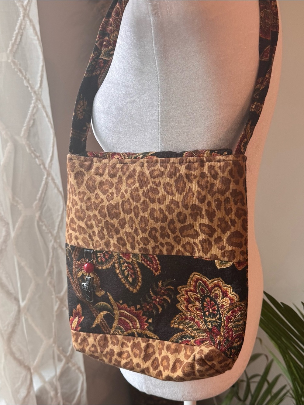 Boho Leopard & Floral Crossbody Bag in Brown